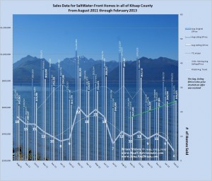 graph of Salt waterfront home Sales Kitsap March 2013 with 19 mo. of data